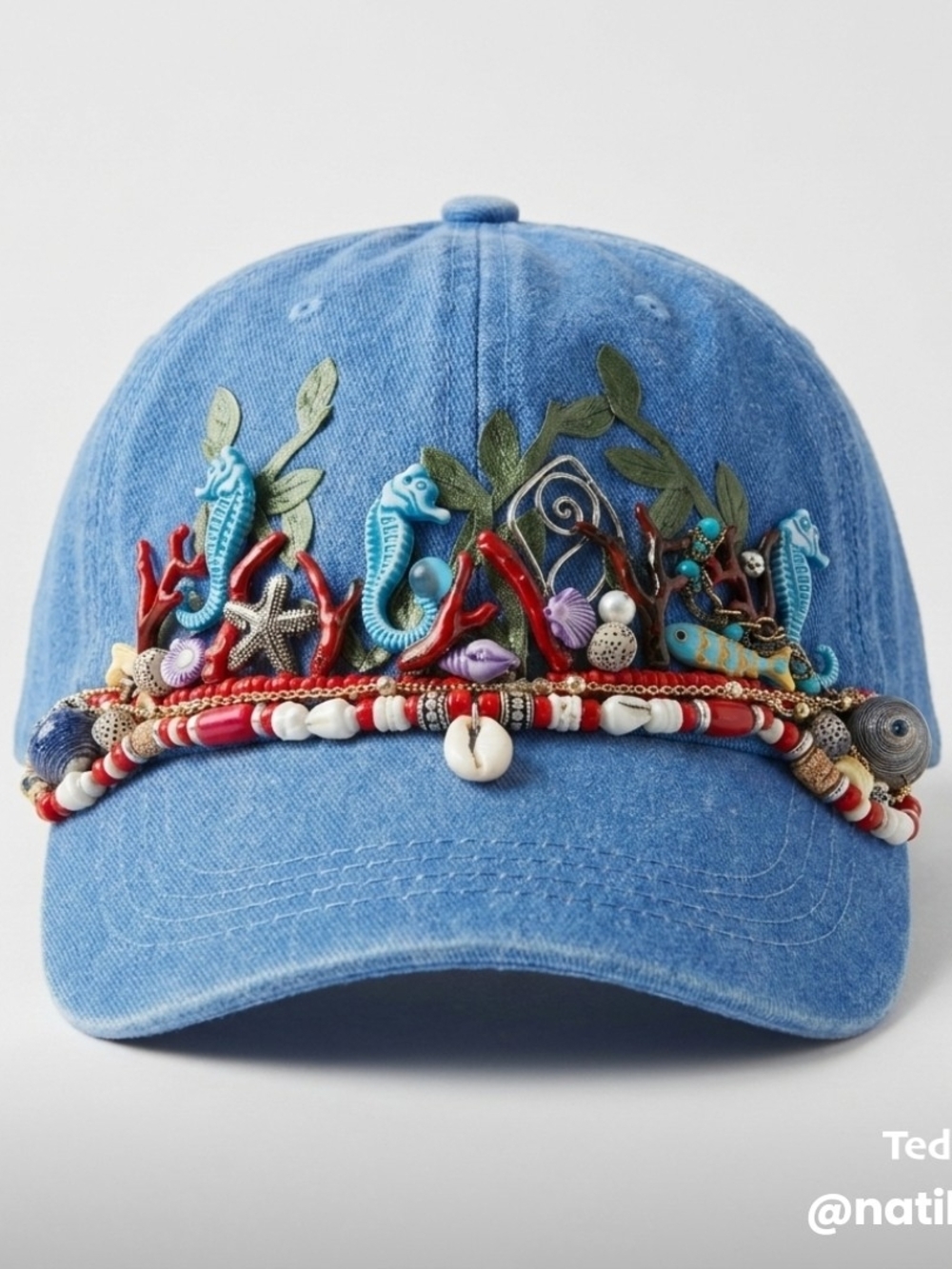 Embellished Denim Blue Seaside Baseball Cap